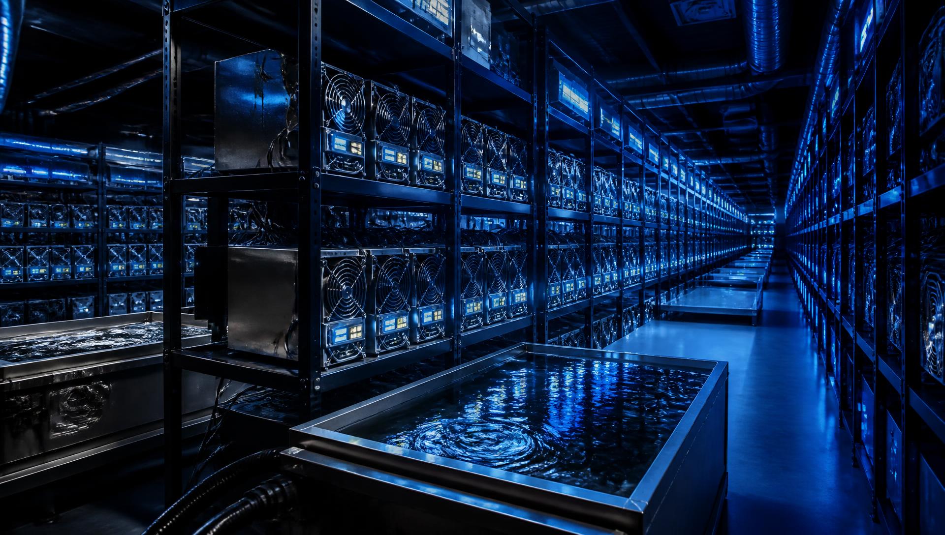 Rows of high-tech immersion-cooled Bitcoin mining machines glowing blue